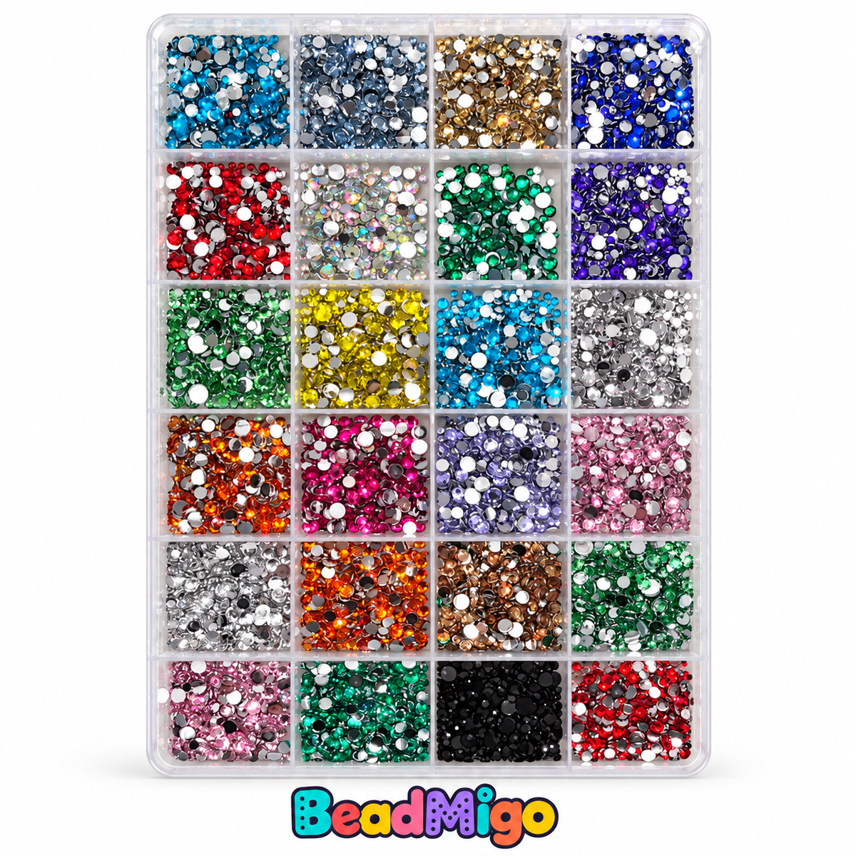 BeadMigo colorful flat-back rhinestone boxes - 24 Compartments on a clean white background