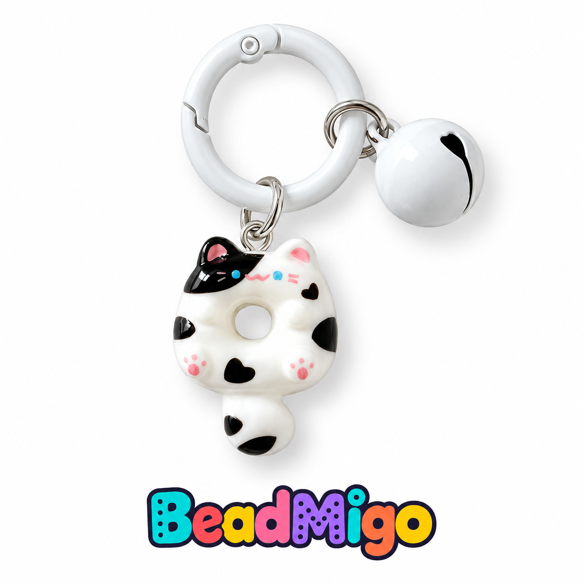 BeadMigo Cat Donut Keychains with Bells - Black Cat on clean white background