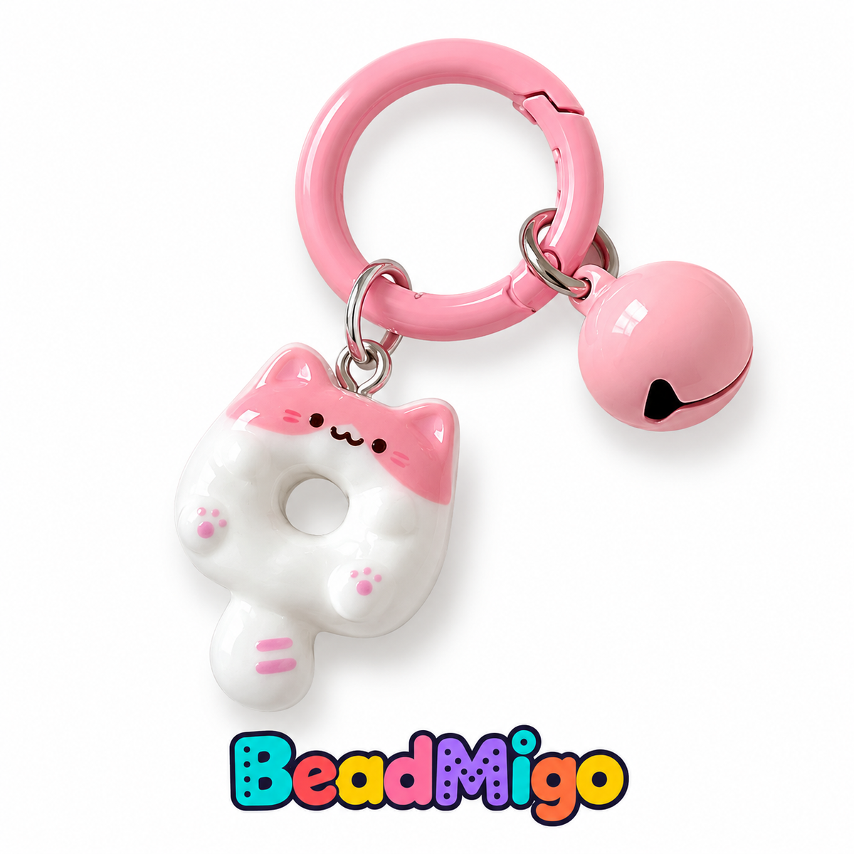 BeadMigo Cat Donut Keychains with Bells - White-Pink Cat on clean white background