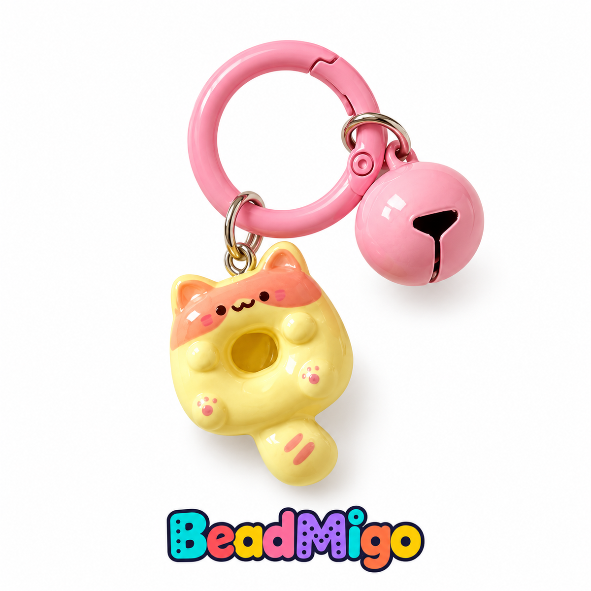 BeadMigo Cat Donut Keychains with Bells - Yellow-Pink Cat on clean white background