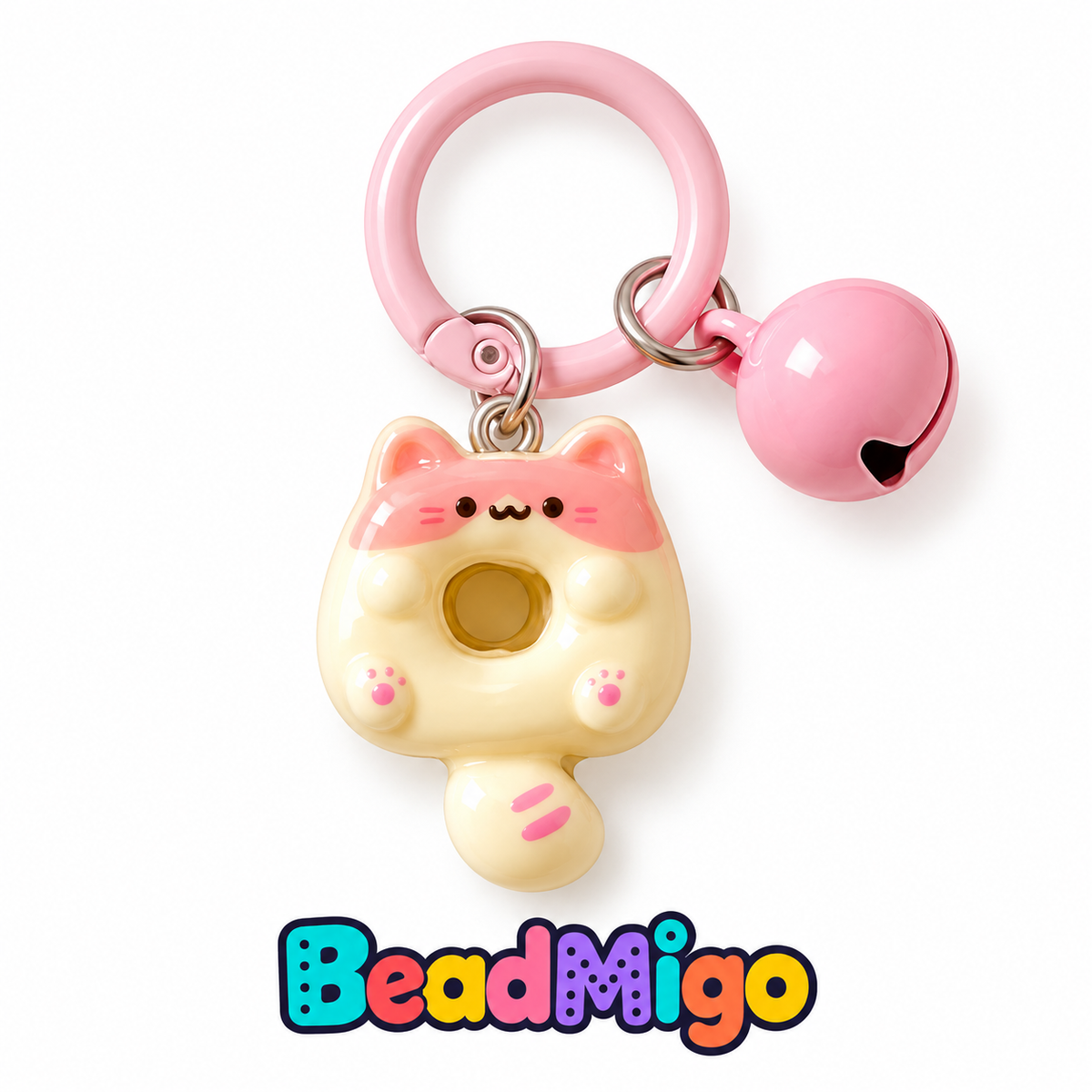 BeadMigo Cat Donut Keychains with Bells - Cream-Pink Cat on clean white background