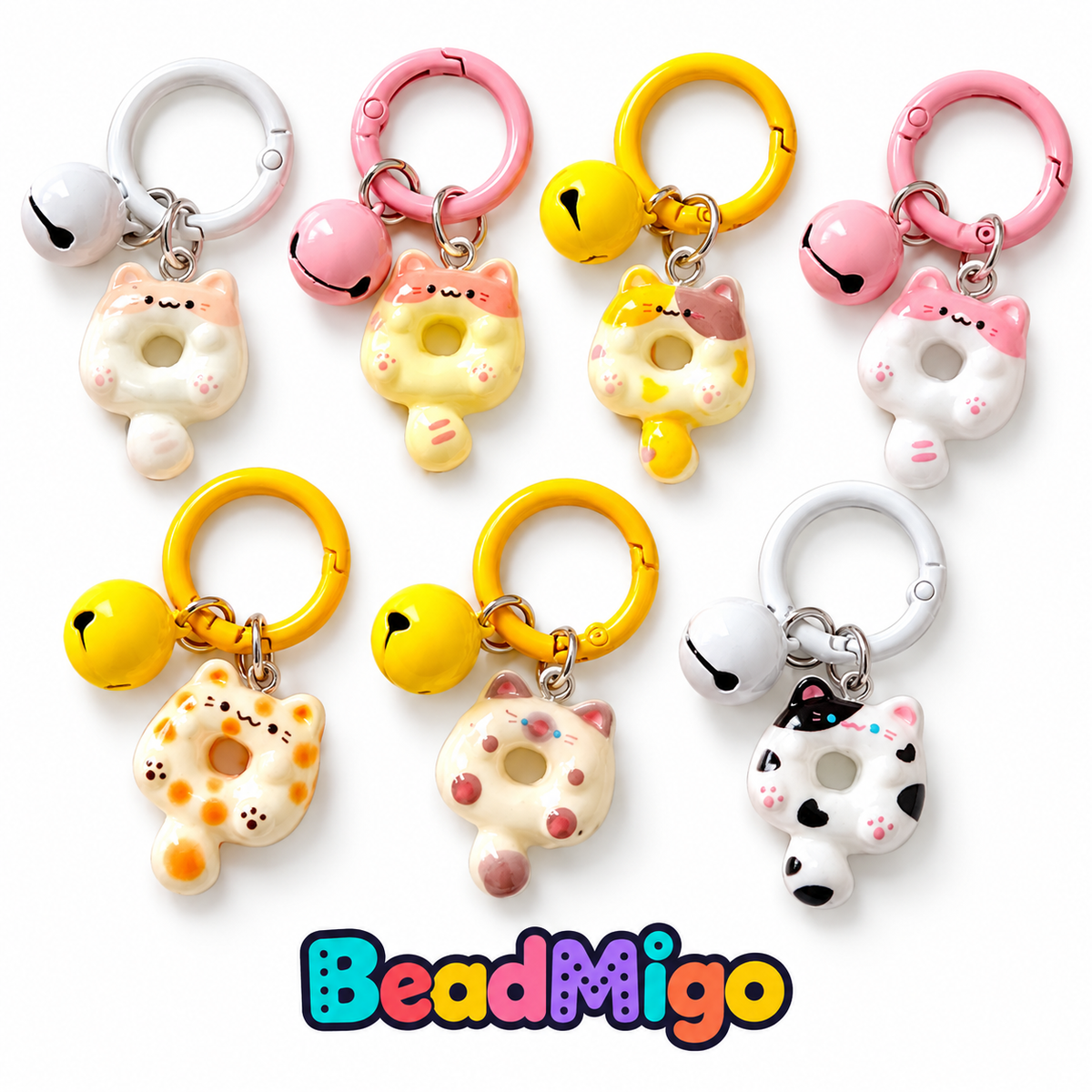 BeadMigo Cat Donut Keychains with Bells - Random Cat Donut on clean white background