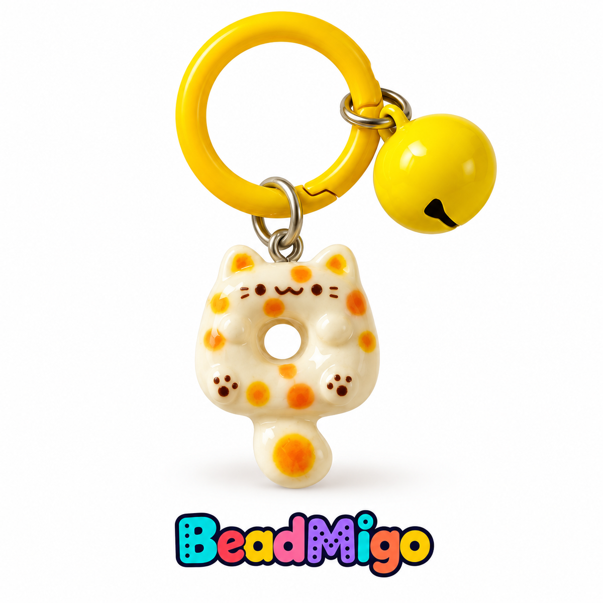 BeadMigo cat donut keychains with bells - Yellow Spotted Cat on a clean white background