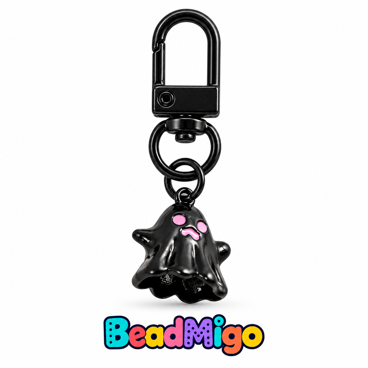BeadMigo Ghost Charm Keychains - Black - Snap Hook on clean white background