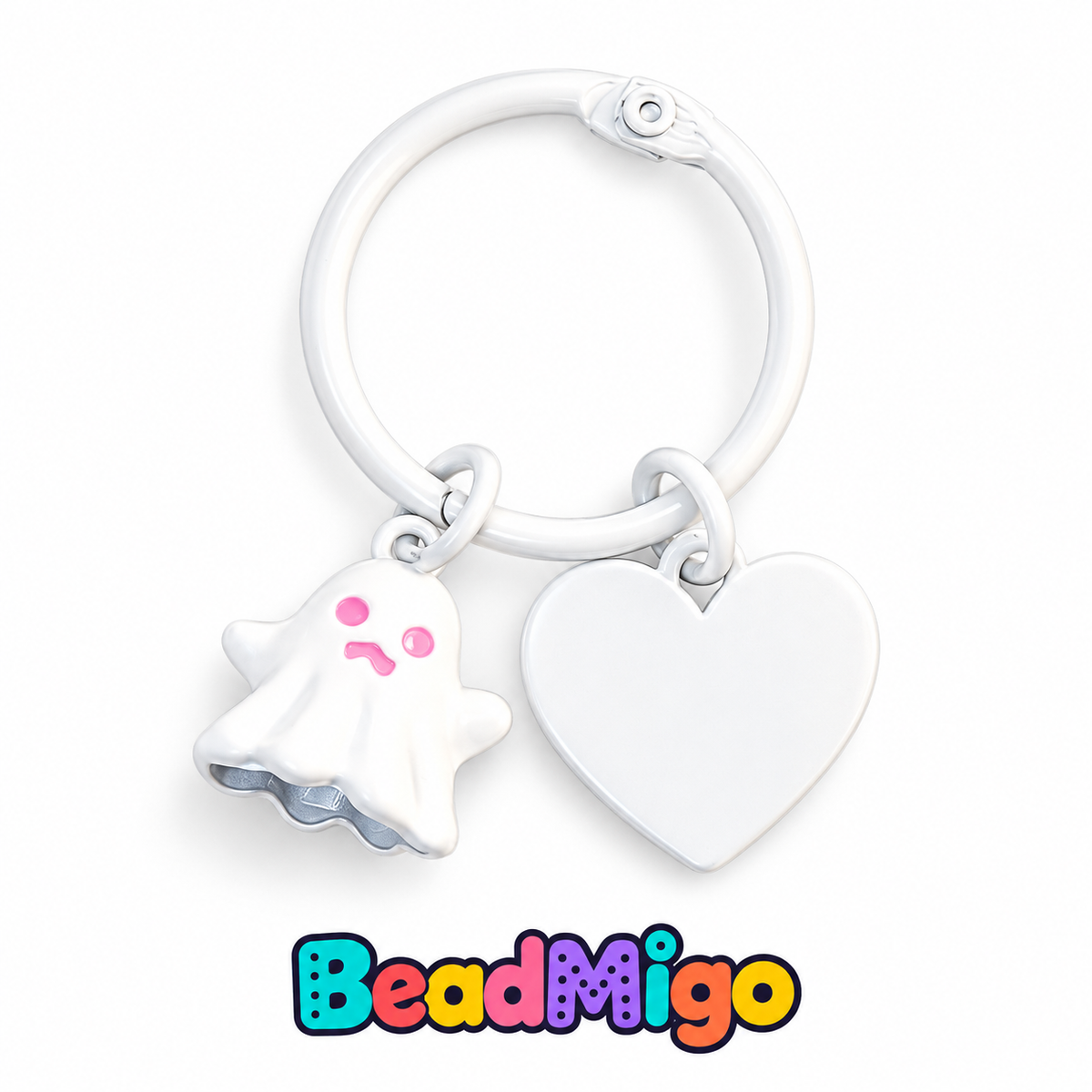 BeadMigo Ghost Charm Keychains - White - Ring and Heart on clean white background