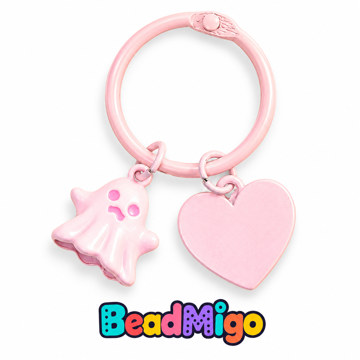 BeadMigo Ghost Charm Keychains - Pink - Ring and Heart on clean white background