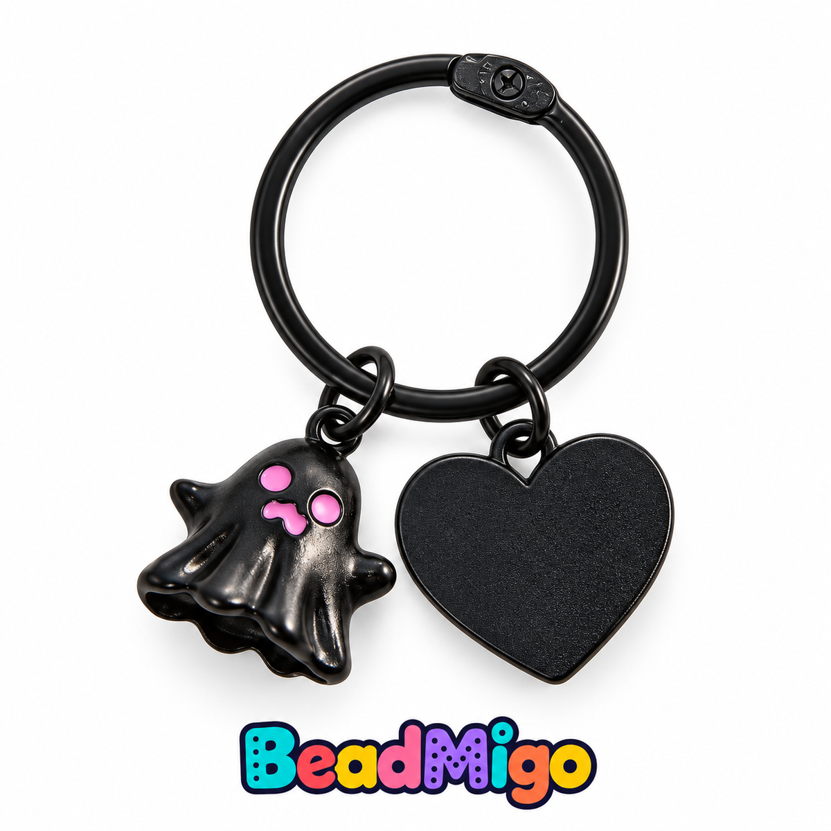 BeadMigo Ghost Charm Keychains - Black - Ring and Heart on clean white background