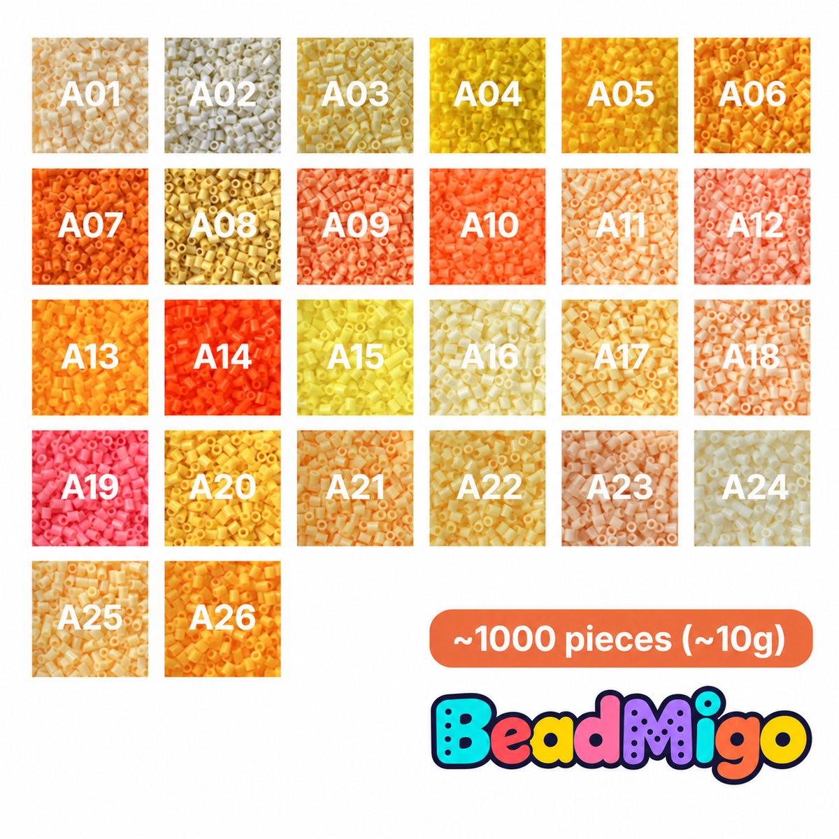 BeadMigo A Series yellow, cream and orange color chart, 26 color options