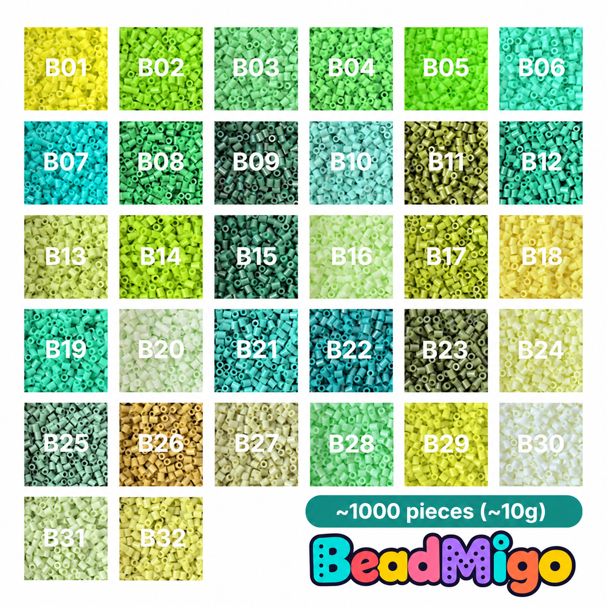 BeadMigo B Series green color series color chart, 32 color options