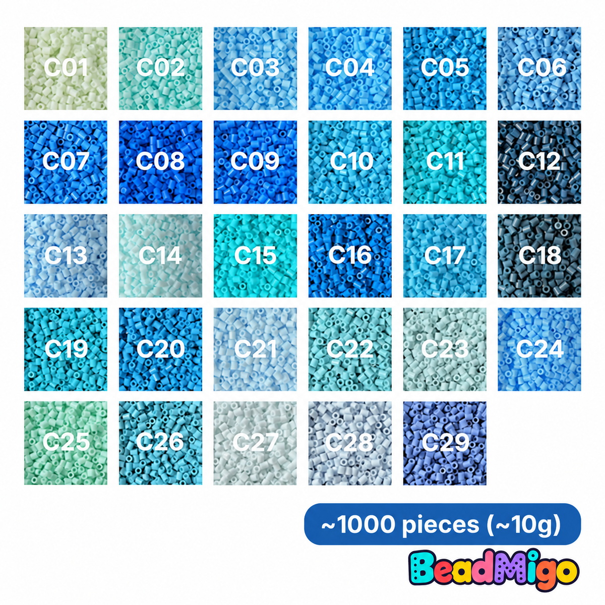 BeadMigo C Series blue and turquoise color chart, 29 color options