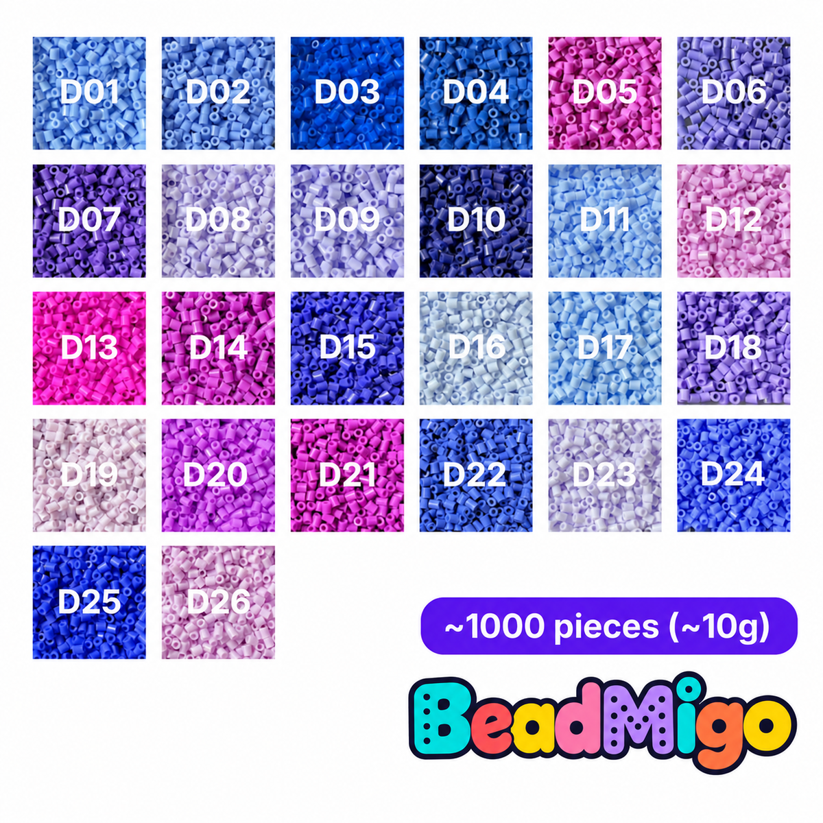 BeadMigo D Series purple and lavender color chart, 26 color options