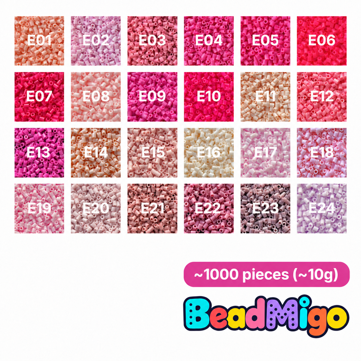 BeadMigo E Series pink, rose and blush color chart, 24 color options
