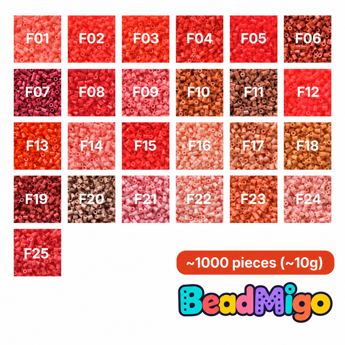 BeadMigo F Series red, coral and terracotta color chart, 25 color options