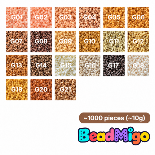 BeadMigo G Series brown, gold and caramel color chart, 21 color options