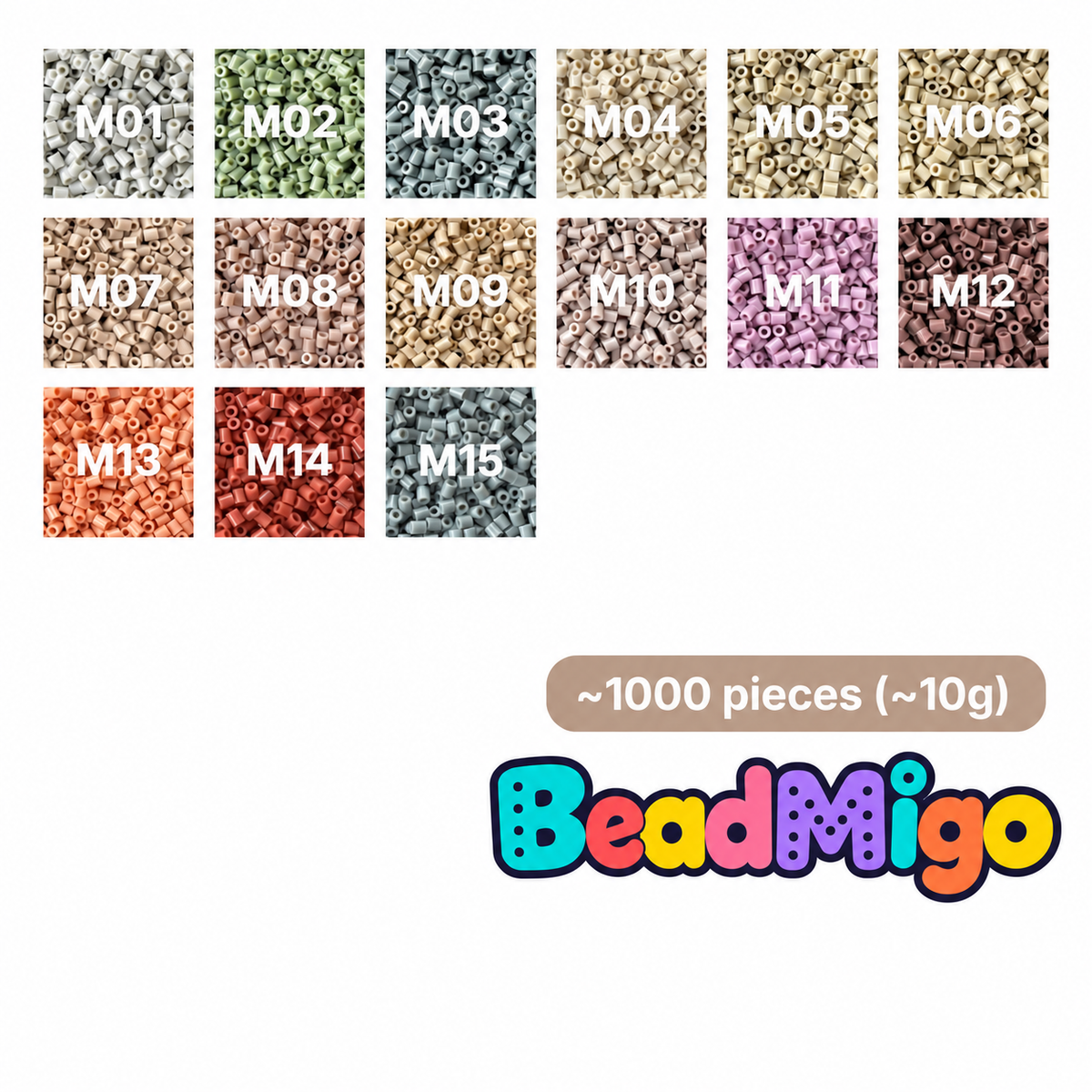 BeadMigo M Series natural earth tones color chart, 15 color options