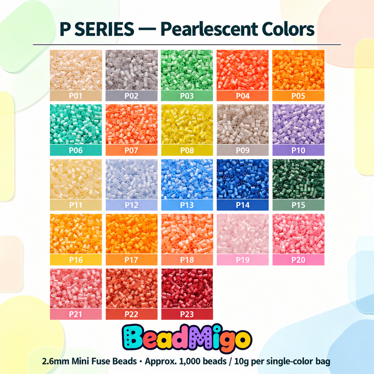 BeadMigo P Series pearlescent colors color chart, 23 color options