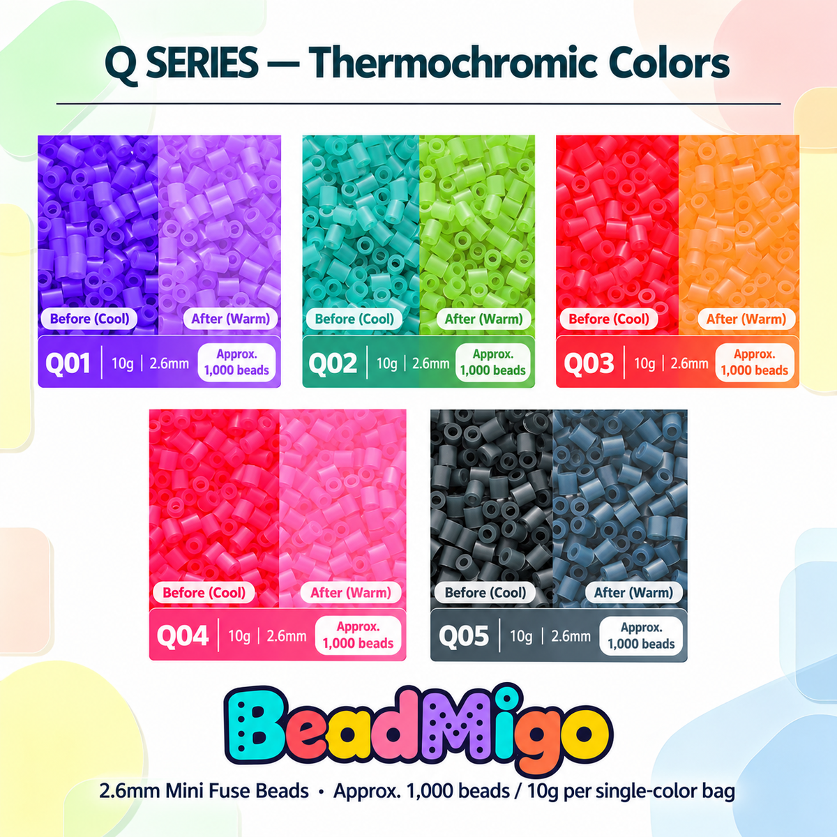 BeadMigo Q Series thermochromic colors color chart, 5 color options