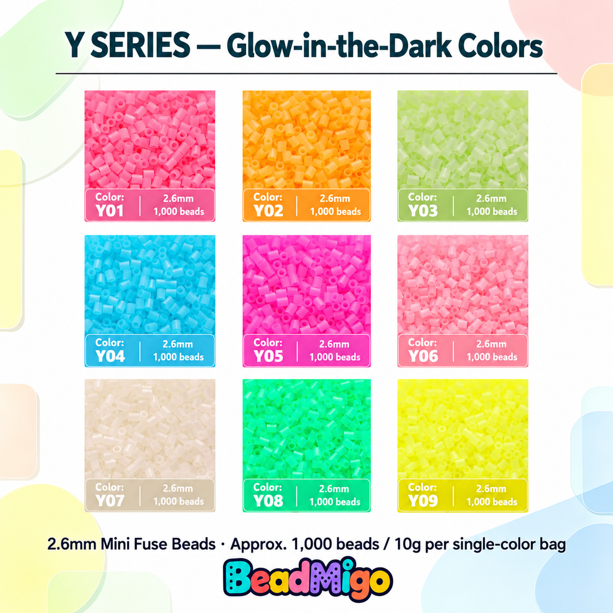 BeadMigo Y Series glow-in-the-dark colors color chart, 9 color options