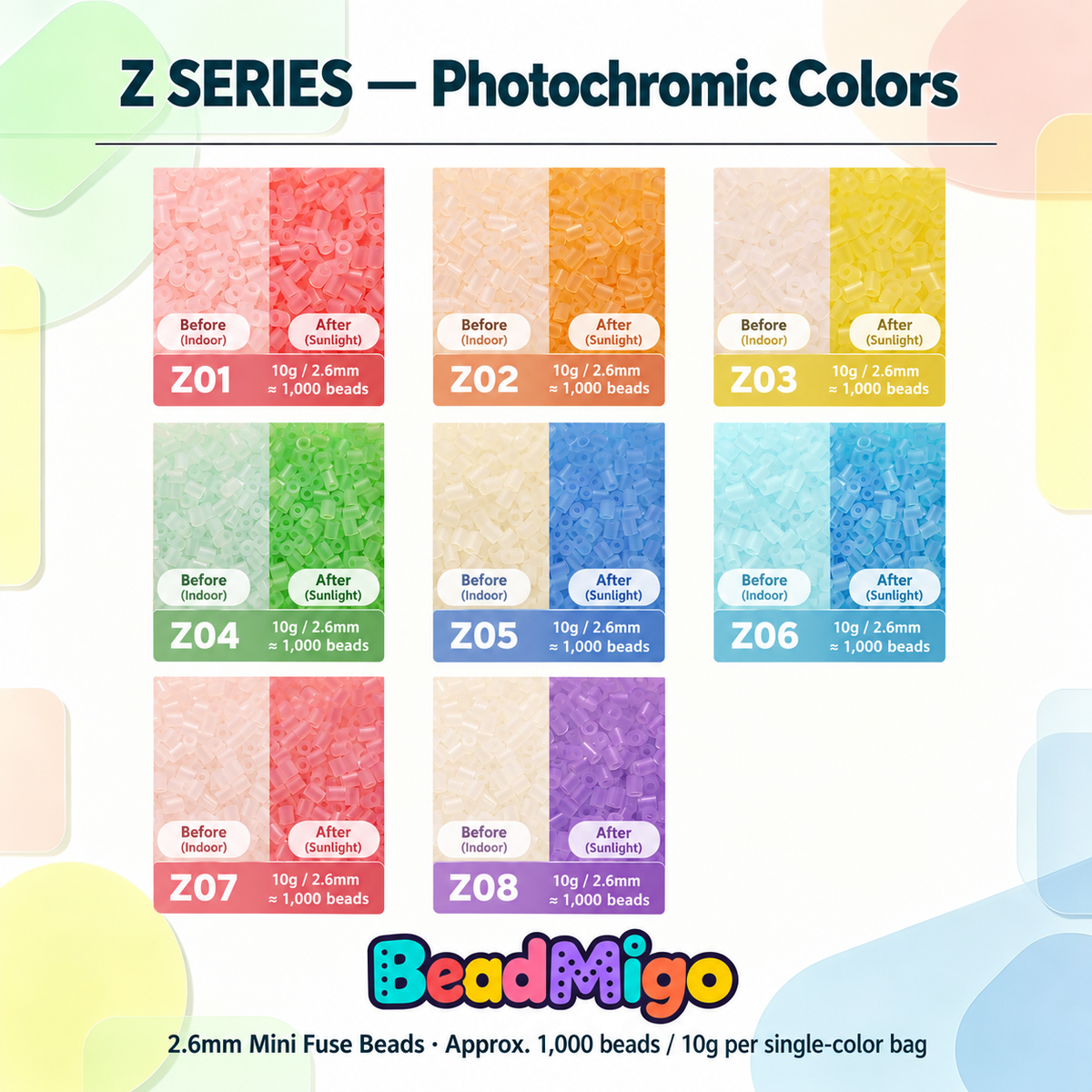 BeadMigo Z Series photochromic colors color chart, 8 color options