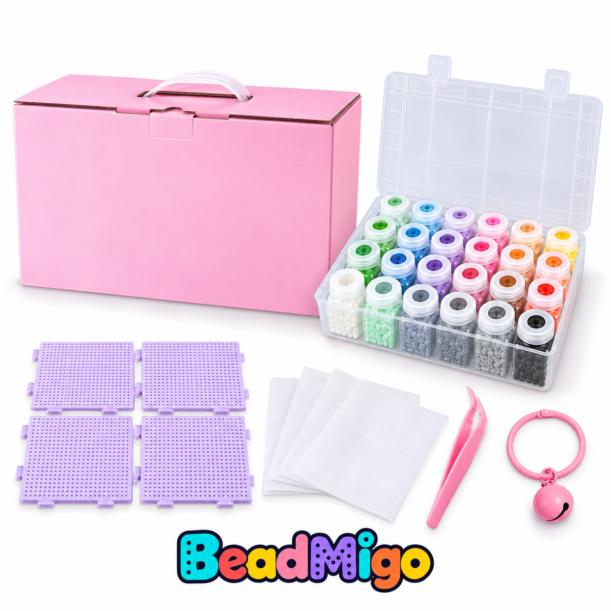 BeadMigo Pre-Sorted Mini Fuse Bead Gift Kit - 24 Colors - 24 Bottles on a clean white background