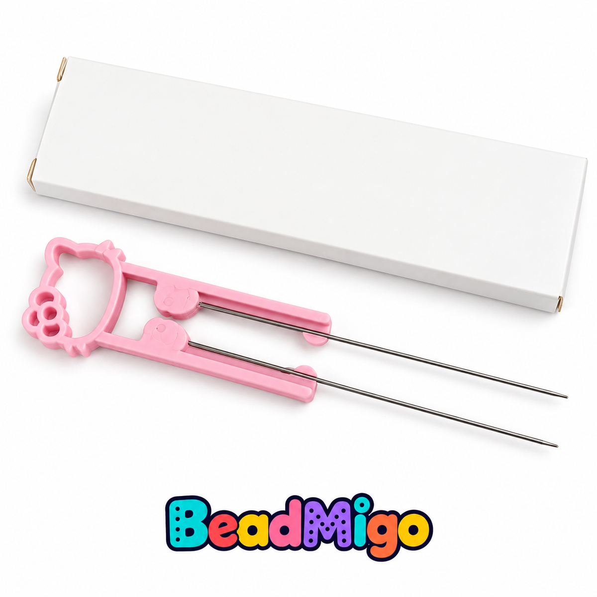 BeadMigo pink cat double-needle bead tool with box on a clean white background