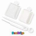 BeadMigo white fuse bead scoop, tray and needle set on a clean white background