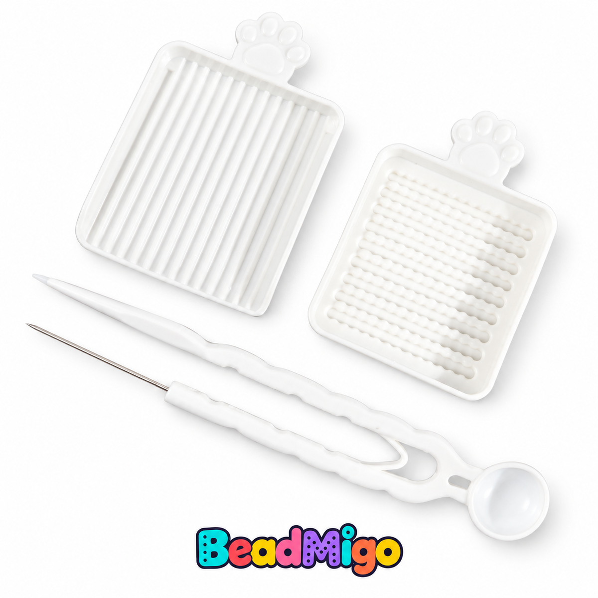 BeadMigo white fuse bead scoop, tray and needle set on a clean white background