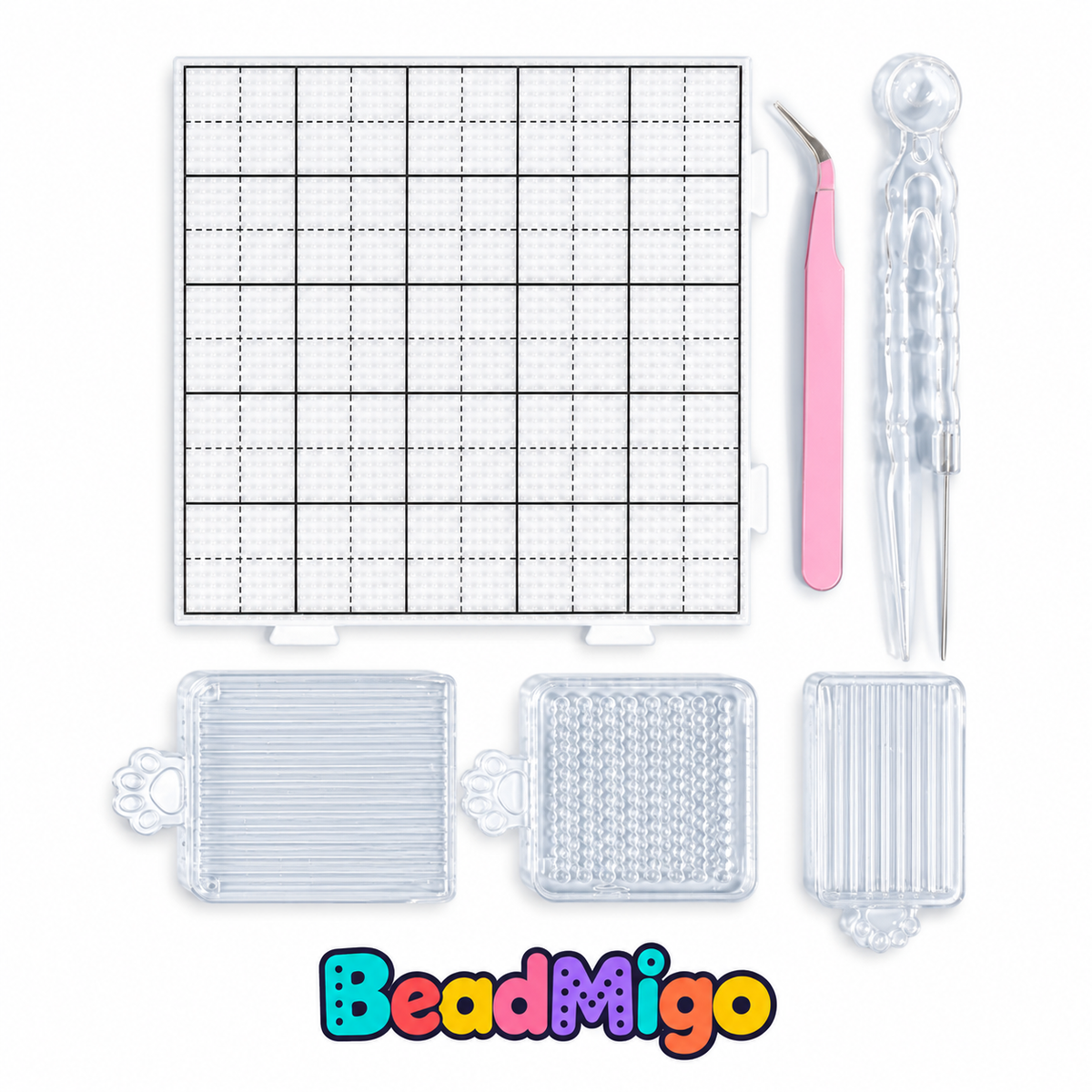 BeadMigo clear guide-grid mini fuse bead tool set - 6 pieces on a clean white background